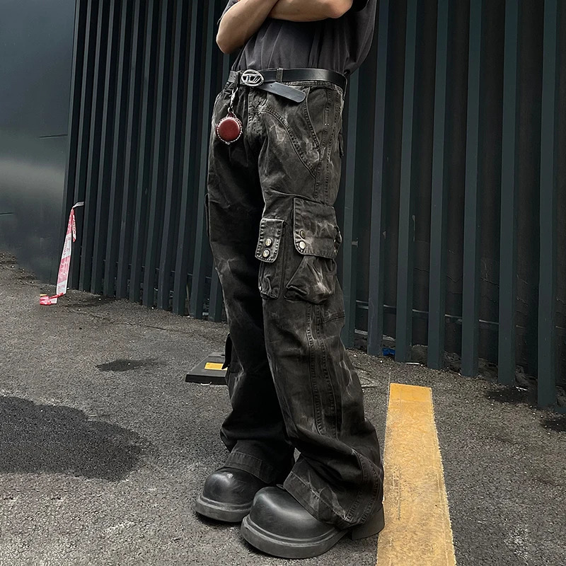 PFNW Dark Mens Denim Pants Tie Dye Multi Pocket Bottom Straight Wide Leg Boots Cut Mens Jeans Autumn 12C648 241022