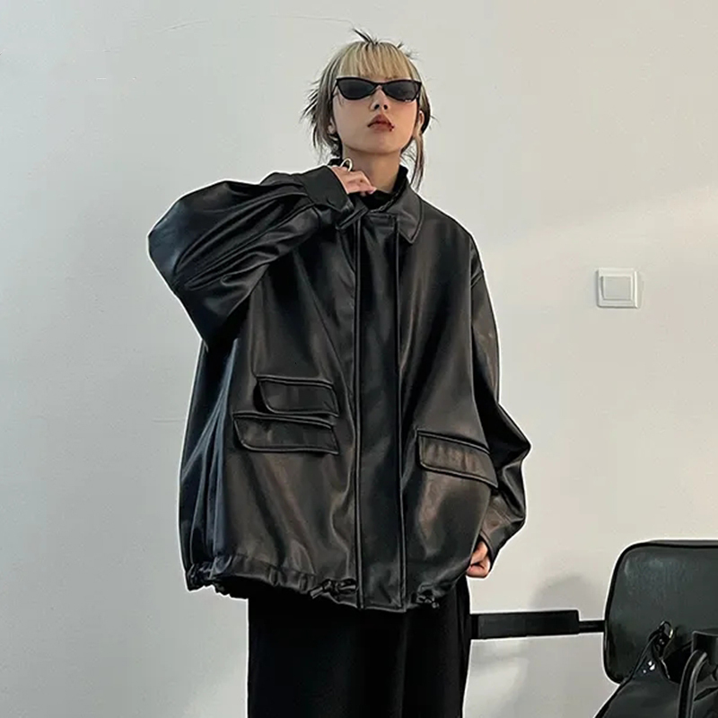 Streetwear Black Pu Faux Leather Coats Women Oversized Gothic Jackets Y2k Loose Pocket Cool Ladies Casual Soft Outerwear