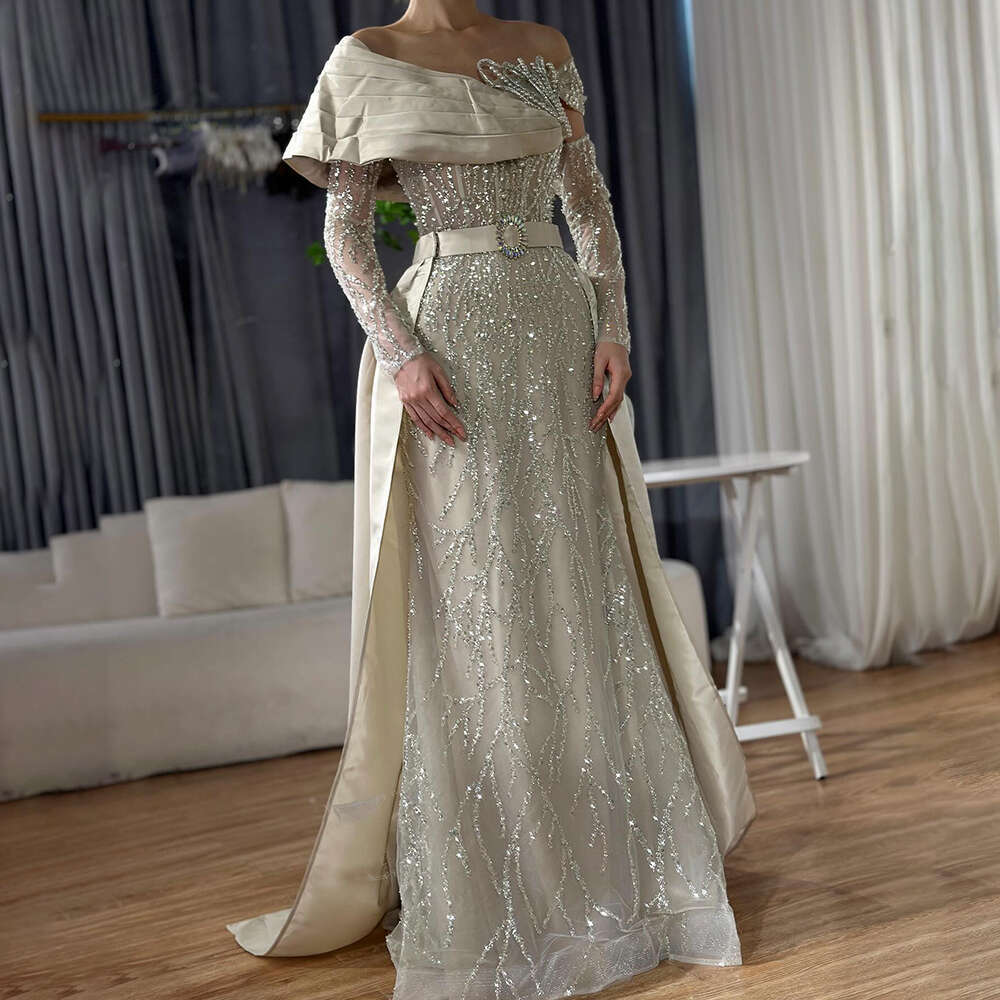 Serene Hill Arabic Nude Pearls Beaded Evening Dresses Dubai Elegant One Shoulder Women Party Gowns 2024