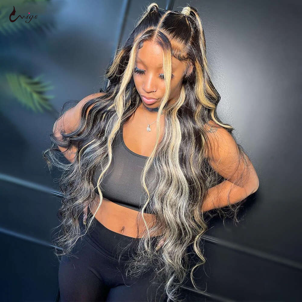 Uwigs Black Blonde Highlight 13x4 13x6 Body Wave Human Lace Front Wig Brazilian Hair Preplucked Wigs