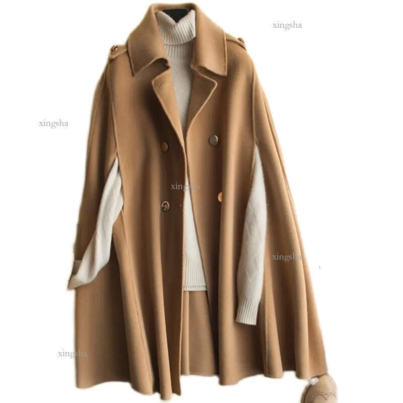 100% Wool Mid long bat cape women woolen coats spring loose double sided cashmere coat women's Cape fashion brown wool coat 201214