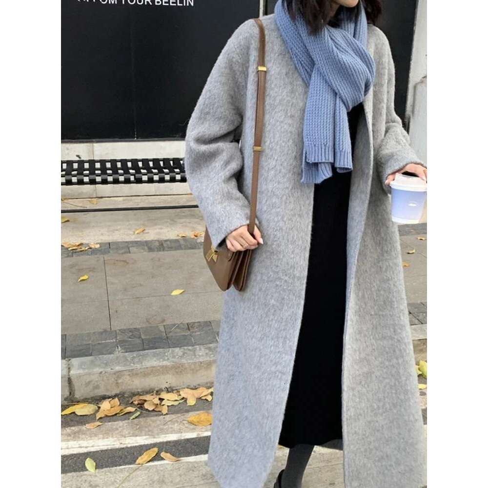 Rose Double-Sided Alpaca Korean High Quality Light Grey Winter New Collarless Bathrobe Wool Coat Women