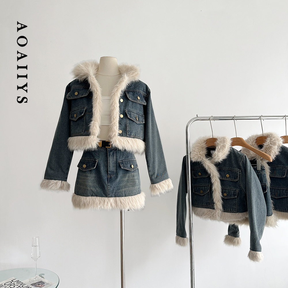 OIINAA Denim Women Fur Collar Vintage Jackets Cropped Coat Fashion Pockets Jean Skirt 2 Piece Sets Womens Outifits