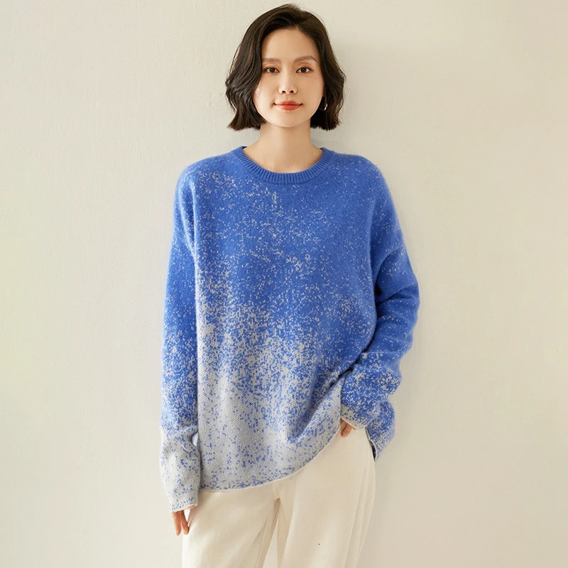 100% Goat Cashmere Sweater Womens 7Pin ONeck 4Color Gradient Color Pullover Knitted Casual Autumn And Winter Thicken Tops 241021