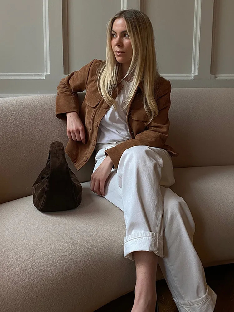 Autumn and winter brown womens slim fit suede short jacket fashionable single chest long sleeved cut jacket fashionable womens streetwear 241023