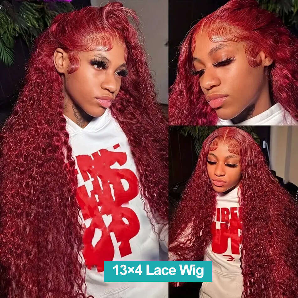 99J Burgundy Red Colored Deep Curly 13x4 Lace Frontal Wig Deep Wave 13x6 HD Lace Front Human Hair Wigs For Women 180 Density