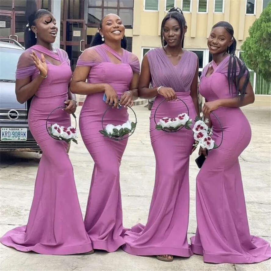 Purple Lilac Girls African Bridesmaid Dresses Sleeveless Or Length Mermaid Maid Of Honor Gowns Plus Size Custom Made