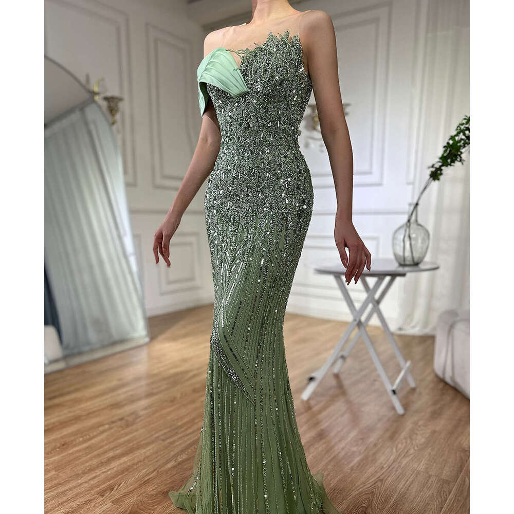 Serene Hill 2024 Arabic Green Mermaid Elegant One Shoulder Beaded Long Evening Dresses Gowns for Formal Ocn prom