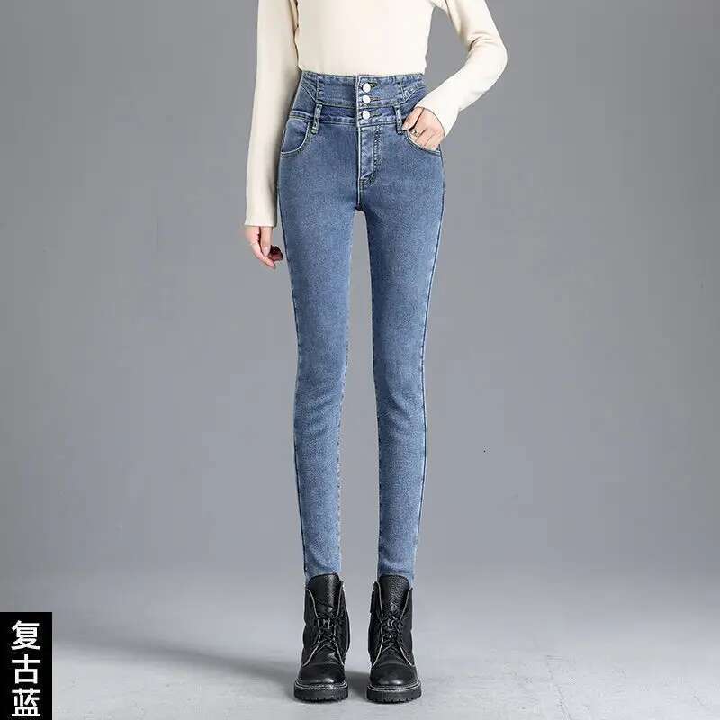 New Winter Thick Veet Women High Waist Skinny Jeans Simple Fleece Warm Slim Fit Stretch Ladies Casual Denim Mom Pencil Pants