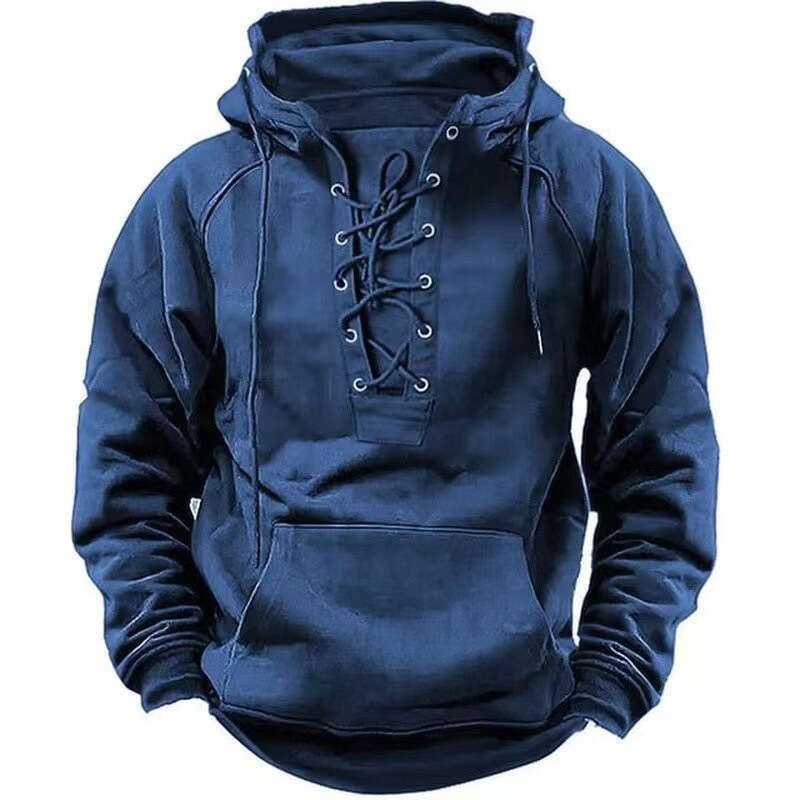 High end Trendy Fall Mens Hooded Sweatshirts Lace up Drawstring Long Sleeve Loose Hoodies Men Streetwear Vintage Solid Color Hoodie