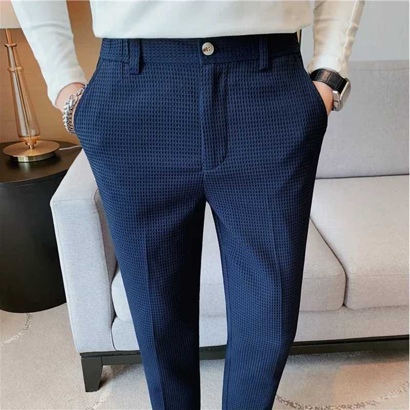 Fashion Waffle Stretch Mens Pants 2024 New Business Straight Slim Fit Social Party Suit Pants High Quality Formal Wear TrousersX241023