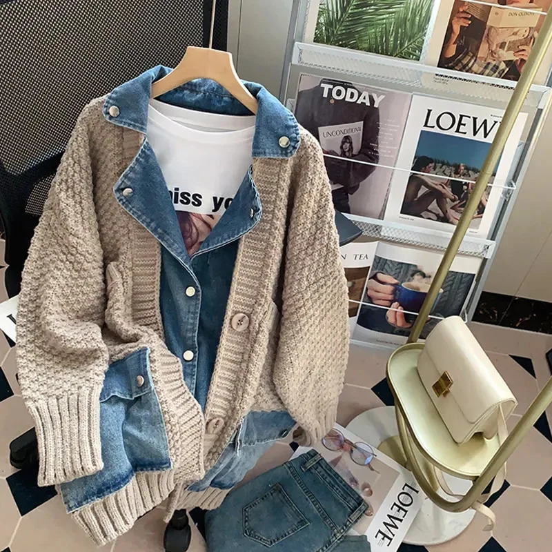 Fat mm200 Pounds Vintage Denim Patchwork Sweater Coat ins Fashion Woman Autumn and Winter Thickened Loose Niche Cardigan 241021