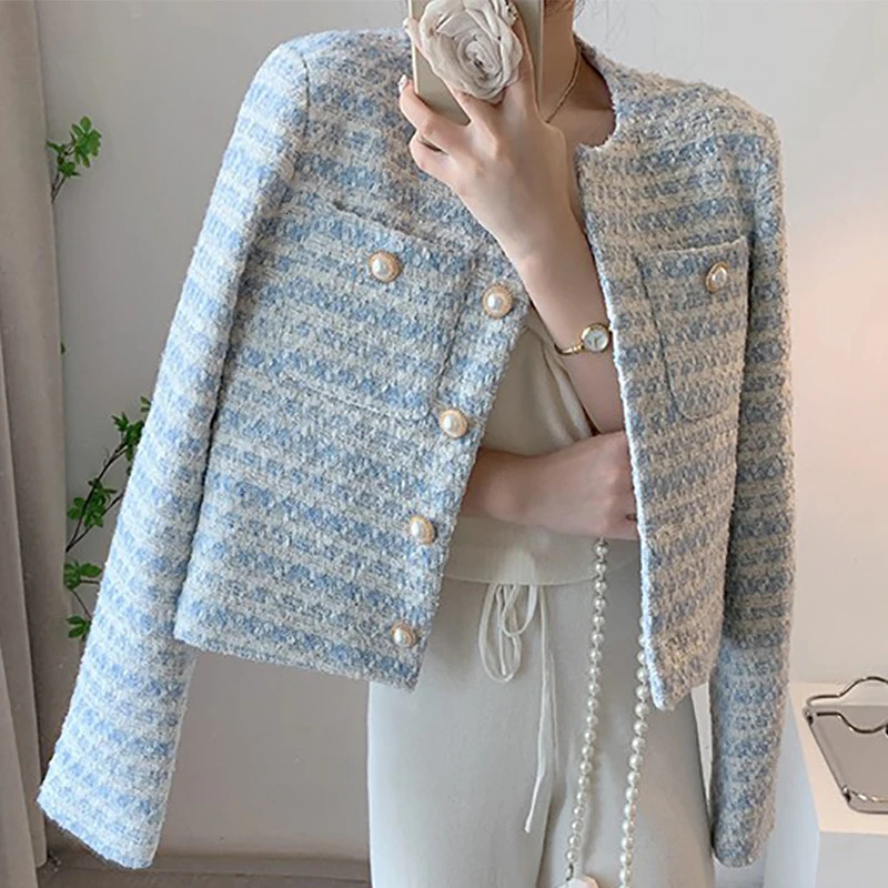 Womens loose office pocket short sleeved jacket single chest thick tweed open top coat autumn thick casual long sleeved jacket 241023