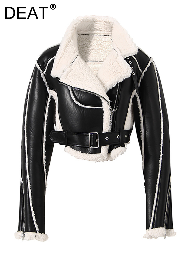DEAT 2024 New Autumn And Winter Turn-Down Collar Full Sleeves PU Leather Cking Waist Jacket Female Coat Tide Warm Wt418