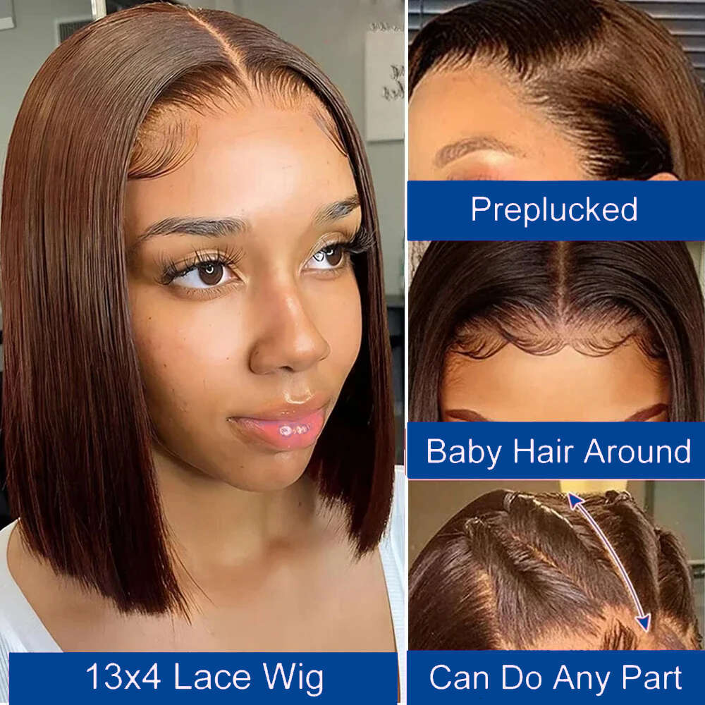 13x4 Short Bob Wigs Straight 180% Density Transparent Lace Front Human Wig Brazilian Hair 4# Chocolate Brown