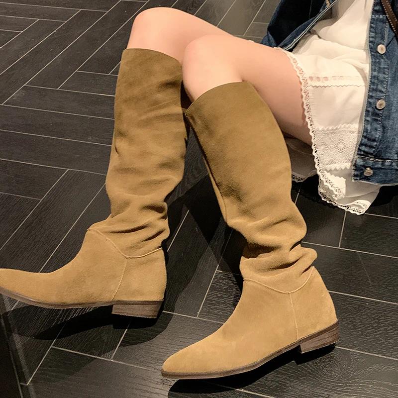Boots Western Cowgirls Cool Shoes Woman Natural Suede Spring Autumn Botas Slip On Ladies Shoe Casual Style Wier Pleated