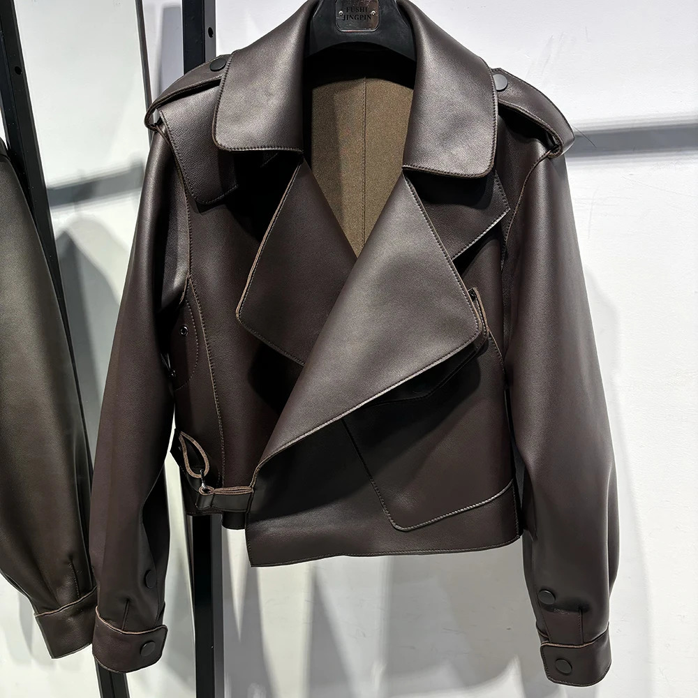 YOLOAgain Spring Dark Brown Oversized Leather Jacket Womens Genuine Leather Jacket Womens Coat 241023