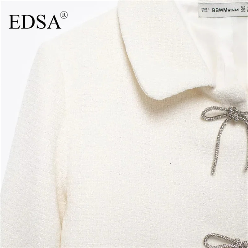 EDSA Womens White Coarse Linen Jacket with Bow Retro Single Chest Collar Long Sleeve Texture Coat Womens Unique Womens Clothing 241023