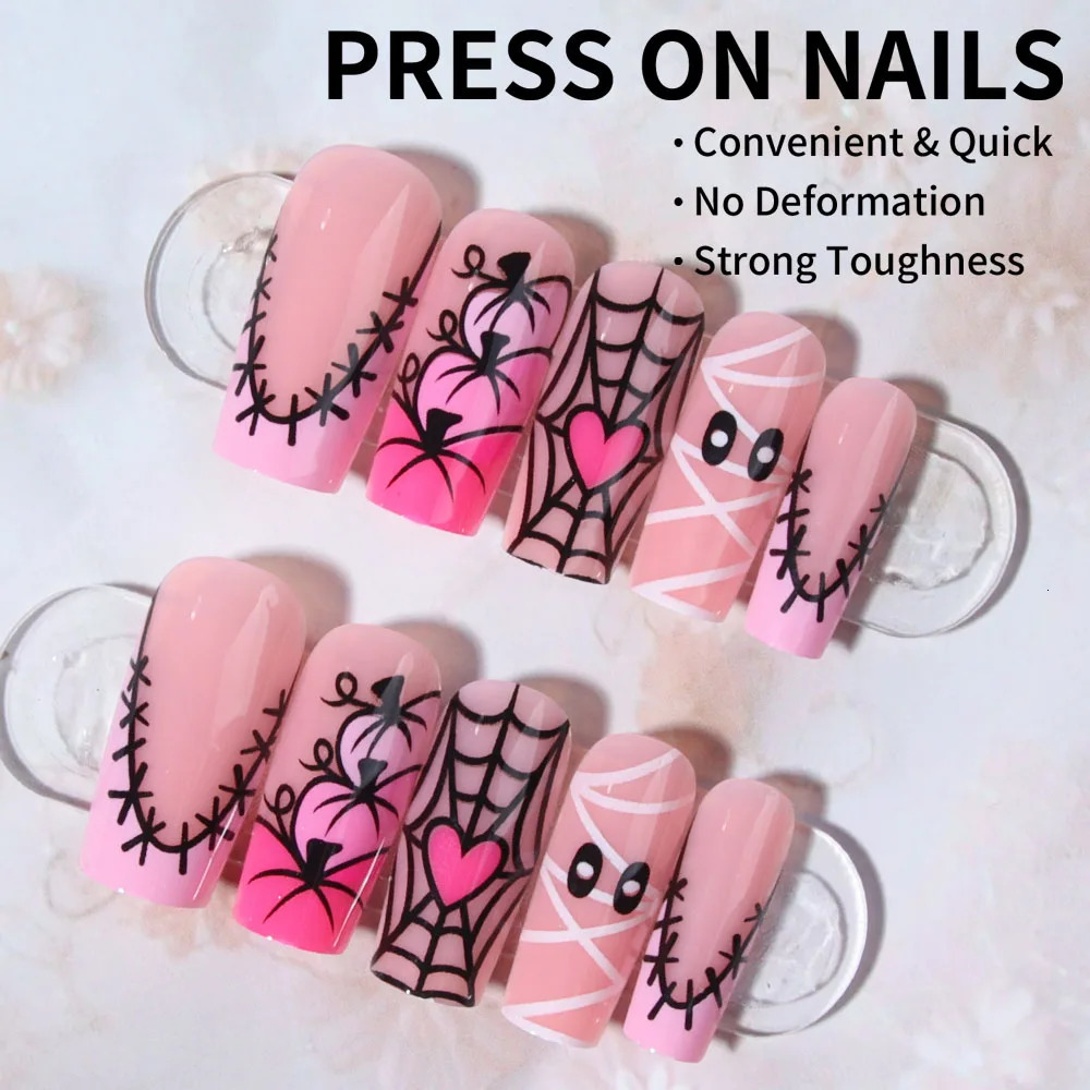 24pcs press on nailmedium nail square Halloween pumpkin shapesewing line cobweb nsuitable for festival wear 241021