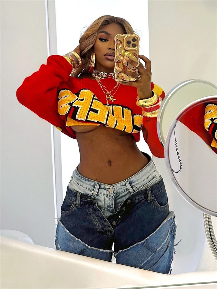 WLWXR Autumn Hip Hop Street Letter Printed Sweater for Women Diagonal Shoulder Long Sleeve Knitted Pulling Harajuku Knitted Jumper 241022