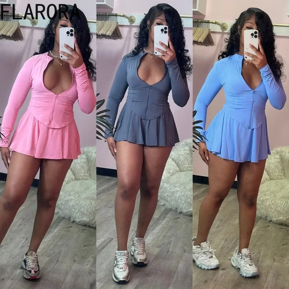 Flarora Trendy Sport womens two-piece set womens ultra-thin zipper jacket mini pleated ski set ski shirt with shorts inside 241023