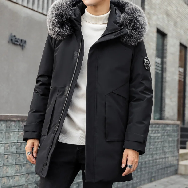 Winter mens mid length down jacket cold personalized fur collar jacket loose thick hood warm mens jacket