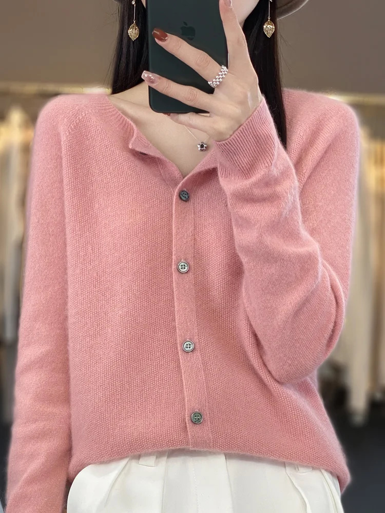 fashion spring womens O-neck elegant cardigan sweater 100% Merino wool solid cashmere knitted womens clothing Korean style top 241022