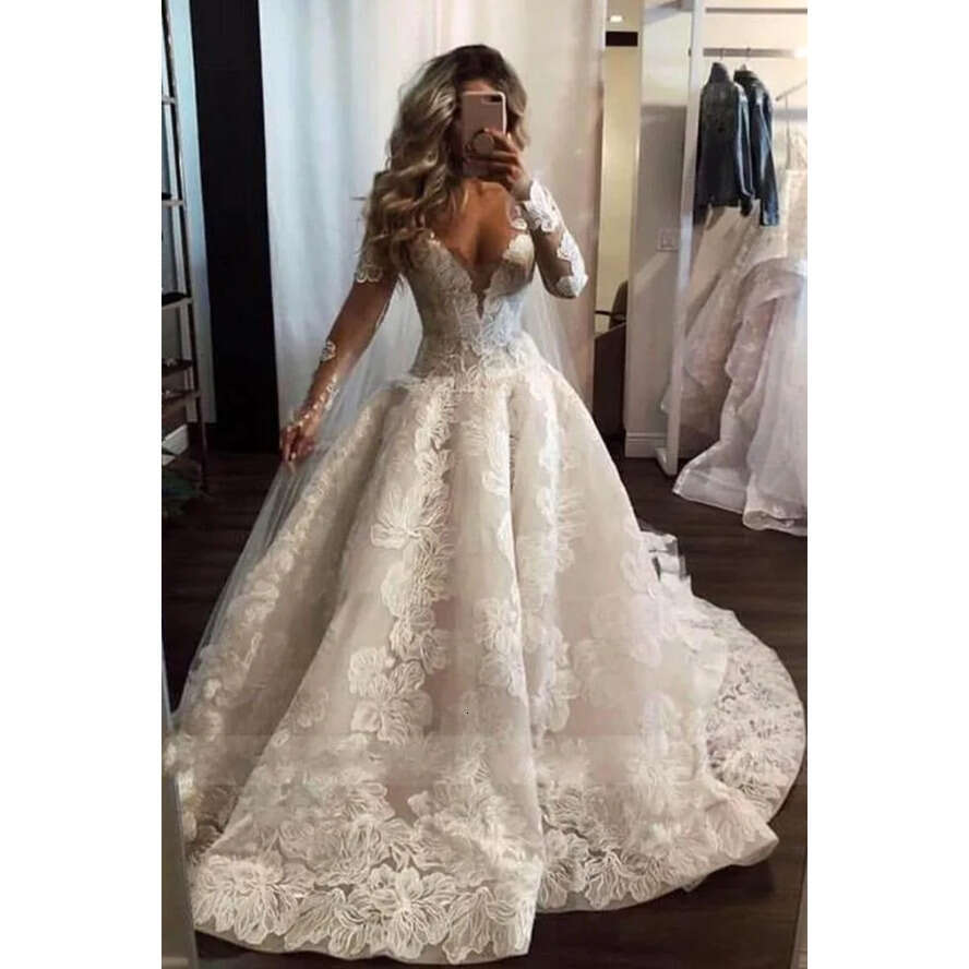 Lace Vintage A E Wedding Dresses Sheer Long Sleeves Deep V Neck Appliques Or Length Bridal Gowns Custom Made Bc18209 ppliques