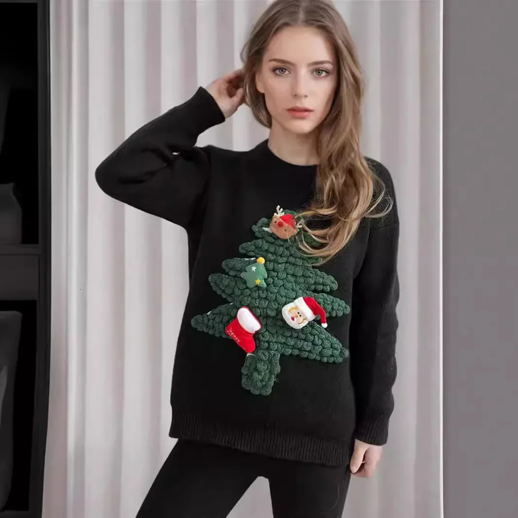 Autumnwinter Flocking 3D Christmas Tree Red Sweater Loosefit Year For Women 241021