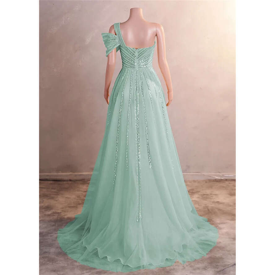 Sequins Evening Side Split Prom Dress One Shoulder Spaghetti Backless Gowns