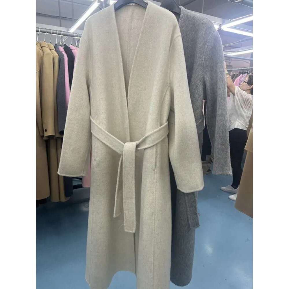 Rose Double-Sided Alpaca Korean High Quality Light Grey Winter New Collarless Bathrobe Wool Coat Women