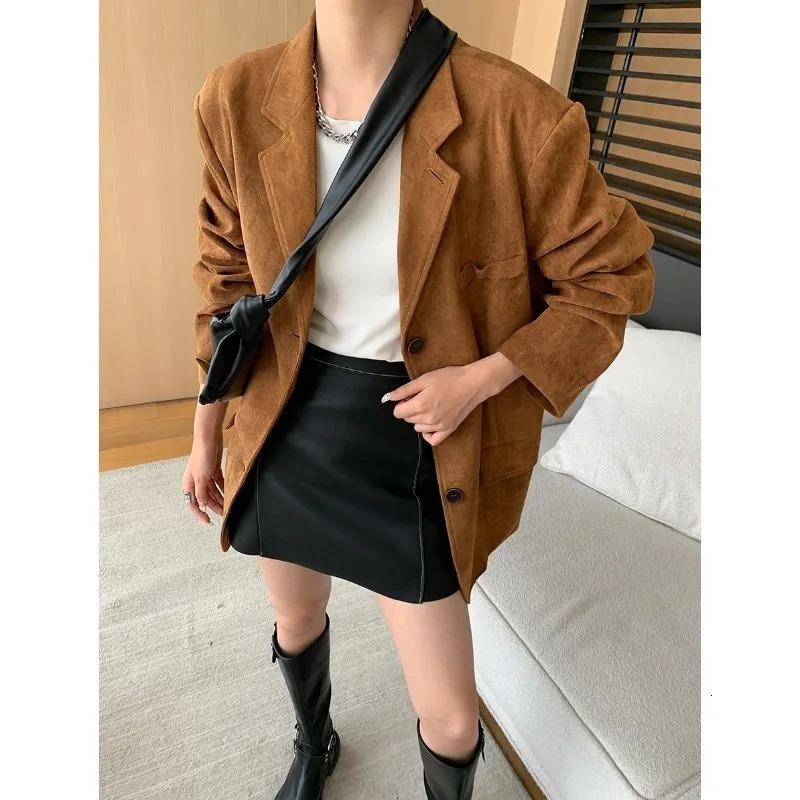 Brown synthetic suede jacket womens autumn oversized jacket autumn dress jacket work office 241023