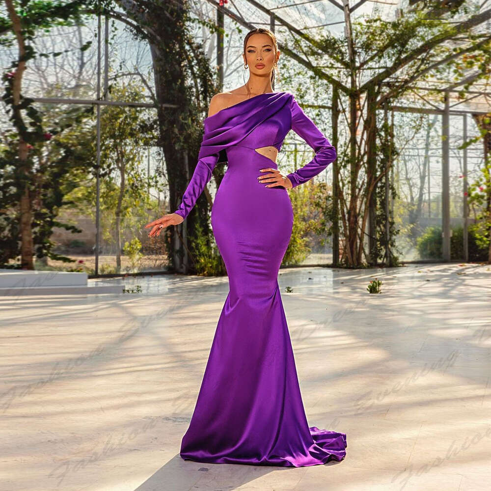 Sexy Mermaid Exquisite Evening Dresses For Woman Gorgeous Slimming Satin Beautiful Simple Off Shoulder Long Sleeves Prom Gowns