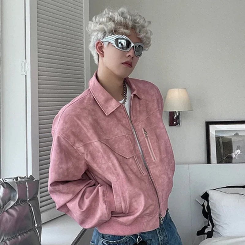 Mens Cropped PU Leather Jacket Fashion Turndown Collar Gradient Color Retro Coat Zipper Motorcycle Outwear Spring Pink 241010