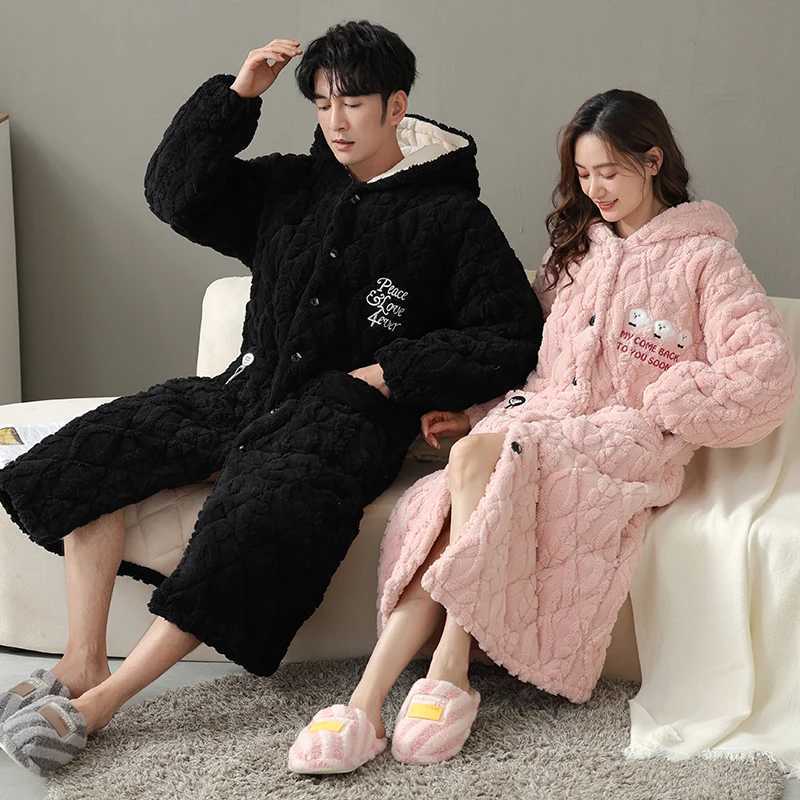 Thick 3-layer warm winter bathroom couple soft flannel bedding long kimono bathrobe womens dress mens coral Fce robe W241023