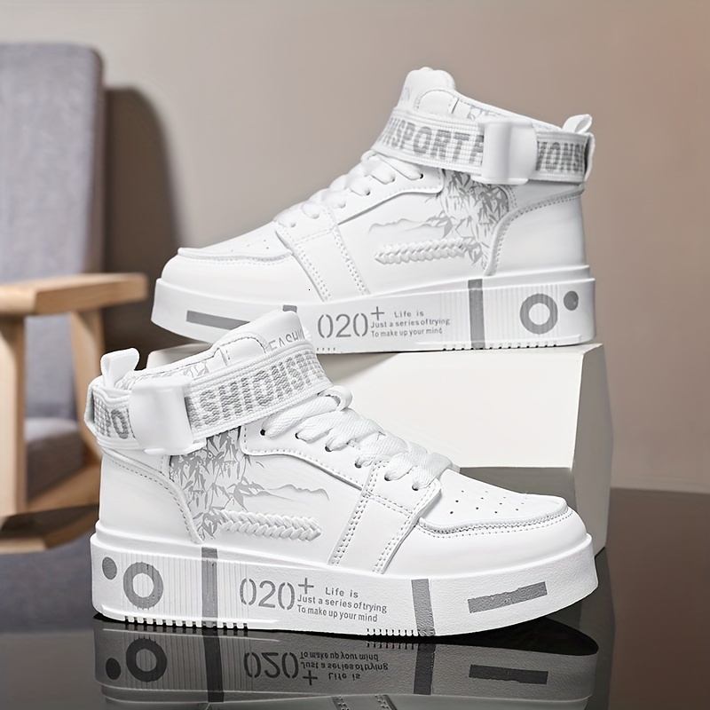 Men S High Top Fashionable Sports Shoes Casual Lace Up Solid Color PU Upper Breathable Lining Wear Resistant Rubber Outsole Comfortable Fabric Insole