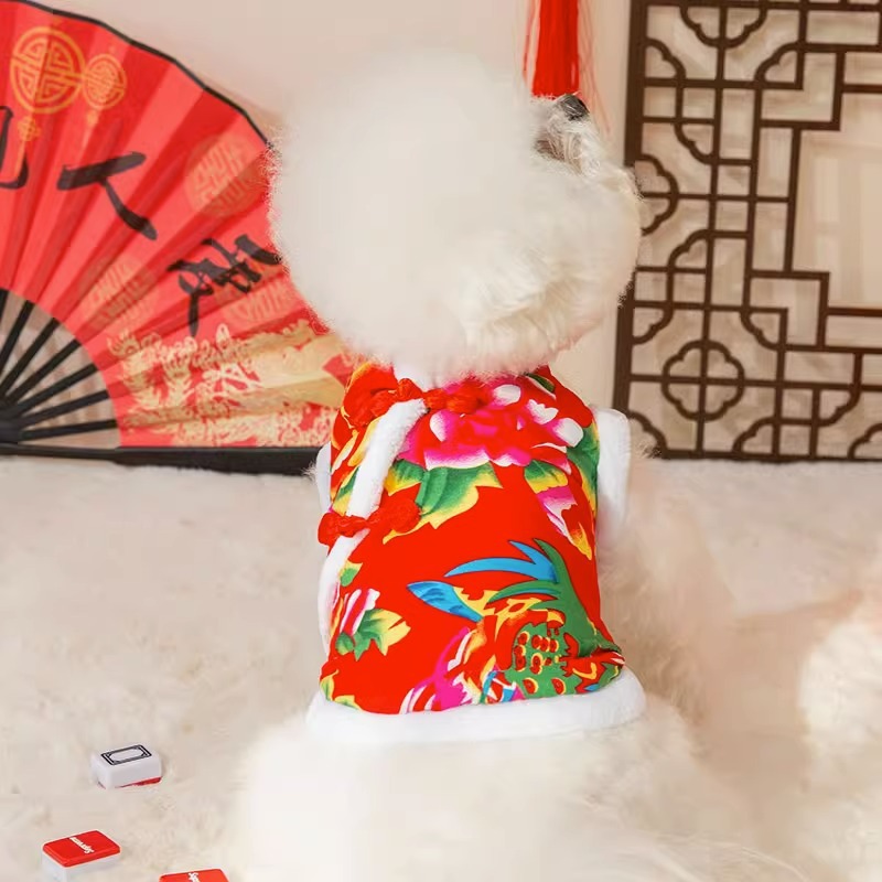 Autumn and winter ethnic style Northeast big flowers cotton jacket dog clothes small and medium-sized dogs Teddy New Year's festive pet clothes