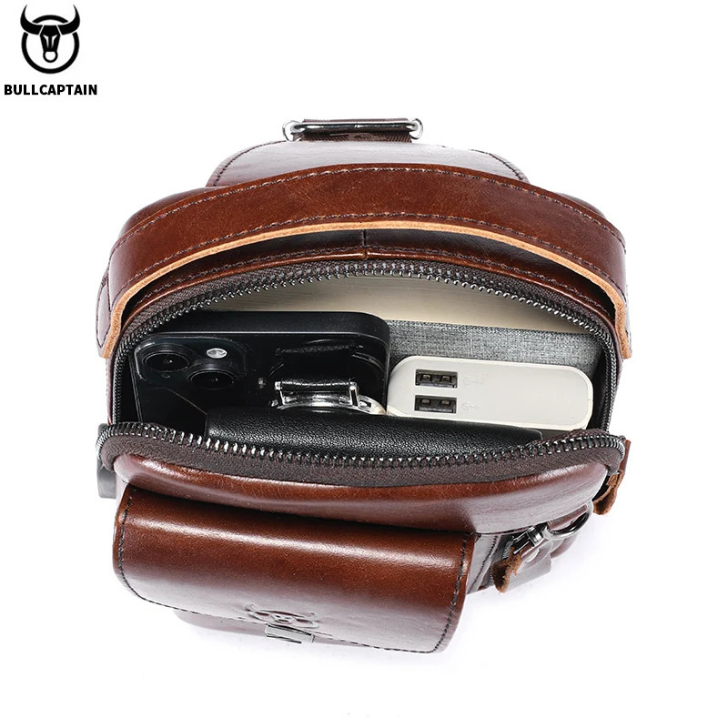 Bullcaptain Mens Genuine Leather Luggage Retro 7.9-inch Mobile Phone Bag Multi functional Anti theft Cross body Bag 241023