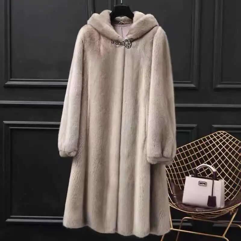 Autumn/Winter Thickened Women's Hooded Jacket Medium-Length Real Coat Duck Rabbit Fur