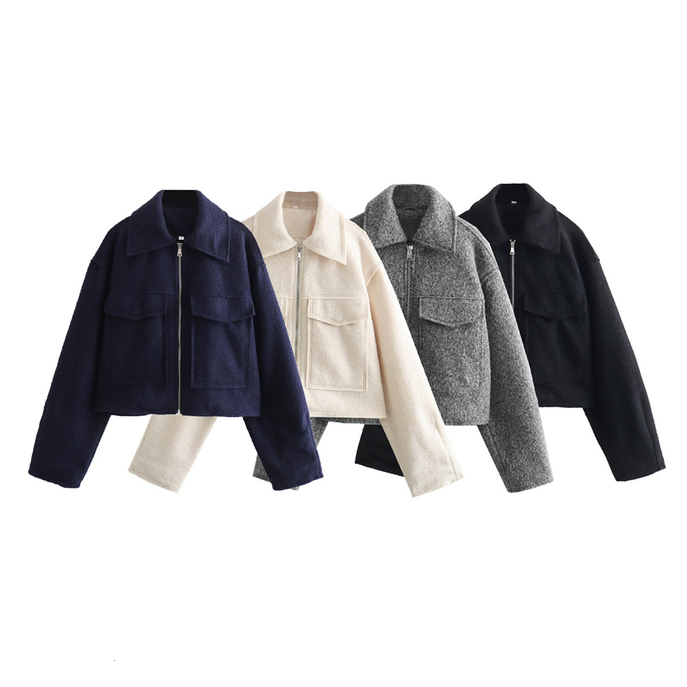 Unizera2024 Spring New Product Women's Simple Flip Collar Patch Bag Decoration Bead Leather Zipper Jacket Woolen Coat