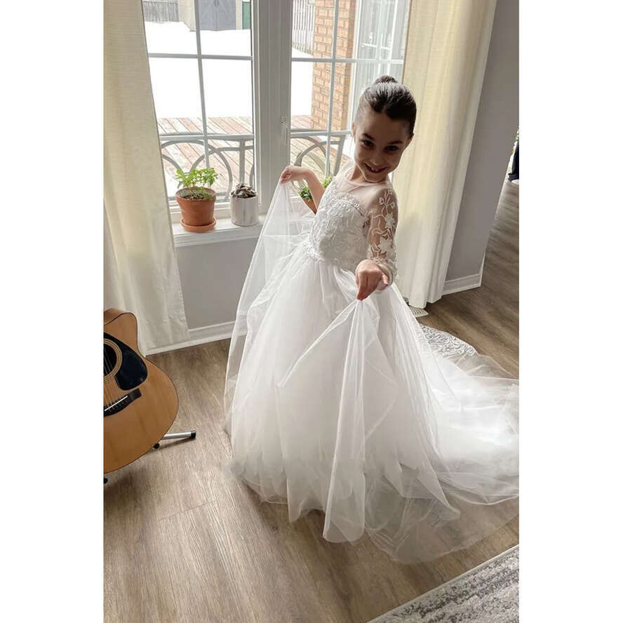 Lace Cute Wer Boho Girl Princess A E Sheer Tulle Long Sleeves Crew Neck Appliques Big Bow Sash Back Kids Formal Party Birthday Communion Dresses ppliq