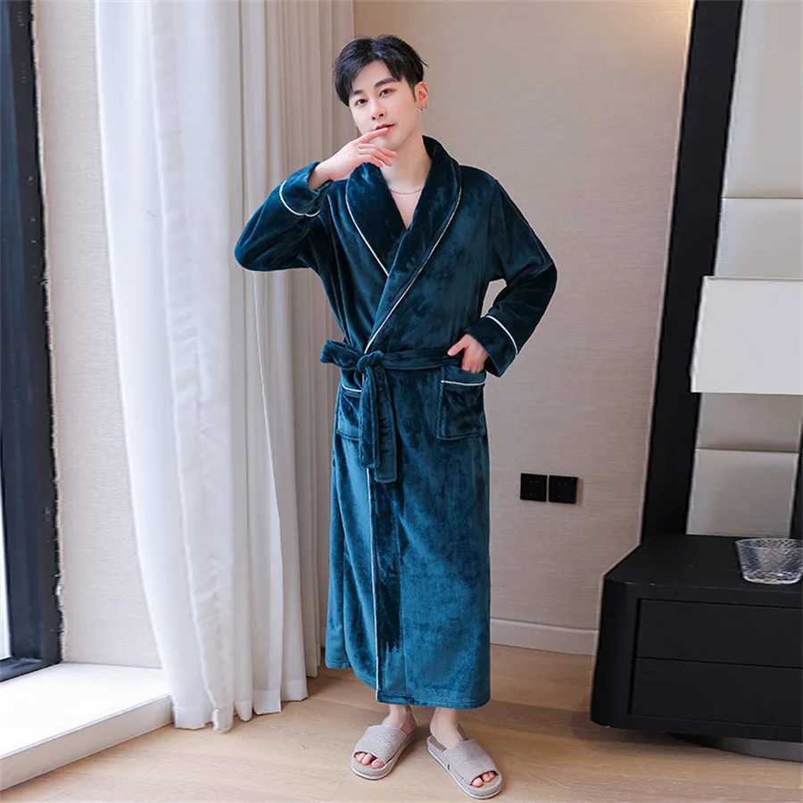 Mens Winter Thick Flannel Robe V-neck Warm Bathtub with Belt Mens Fluffy Shower Dress Mens Spwear Home Clothes W241023