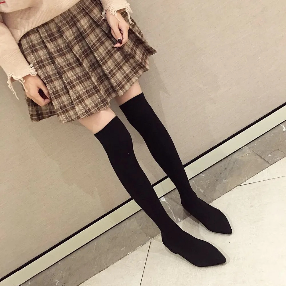 Thick wool socks boots pre sewn knitted short Japanese long strip knee up womens boots heels casual women 250225