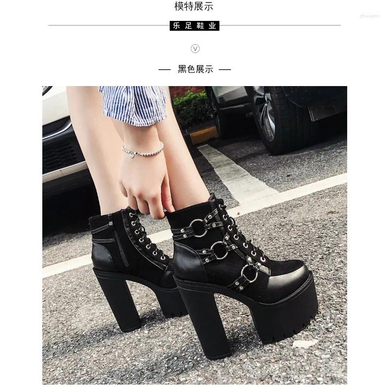 Boots 2024 Women's Black Gothic High Heel Ankle Sexy Chain Punk Style Patent Leather Platform Lace Up Motorcycle