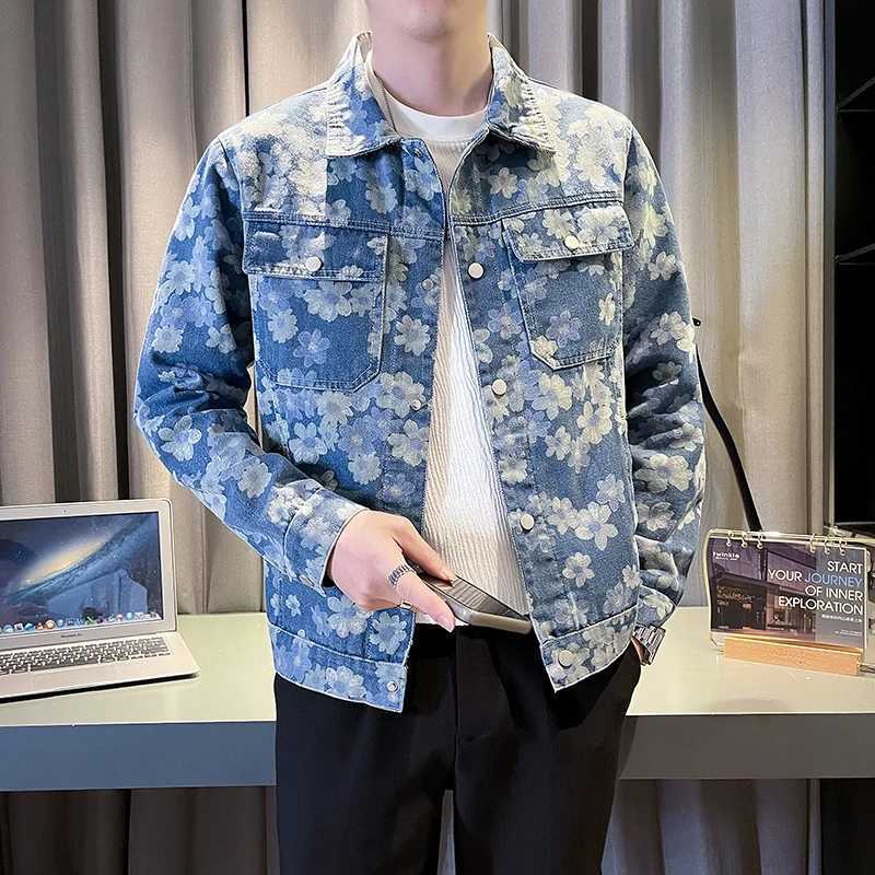 Korean floral print denim jacket slim fit mens denim jacket fashionable casual jacket social street clothing mens clothing M-4XL X250213