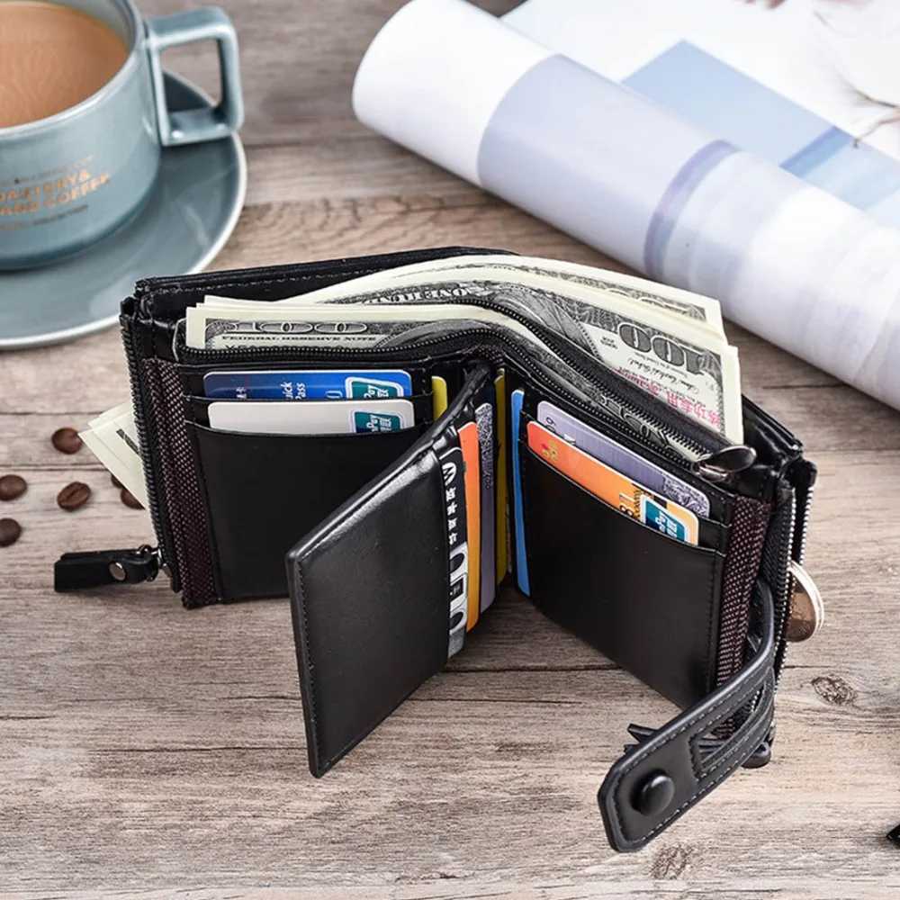 Mens wallet short PU leather double zipper mens wallet card holder coin pocket high-quality mens wallet Z250411