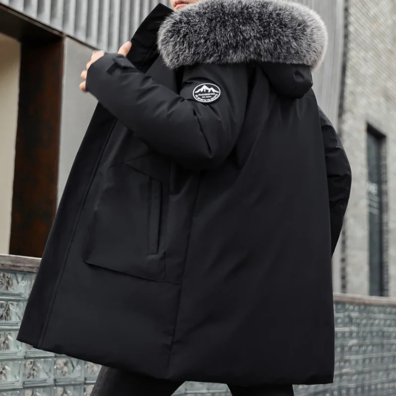 Winter mens mid length down jacket cold personalized fur collar jacket loose thick hood warm mens jacket