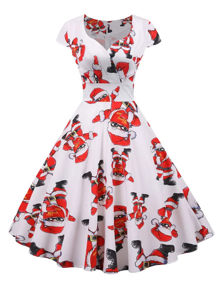 Christmas Party Dress Women Short Sleeve V Neck Elegant Vintage Print Xmas Year Prom Sundress 3XL Robe 241022