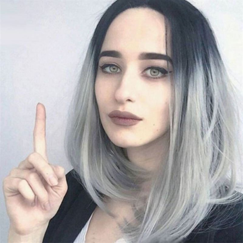 African fashion black gradient brown bob middle part short straight hair chemical fiber headpiece