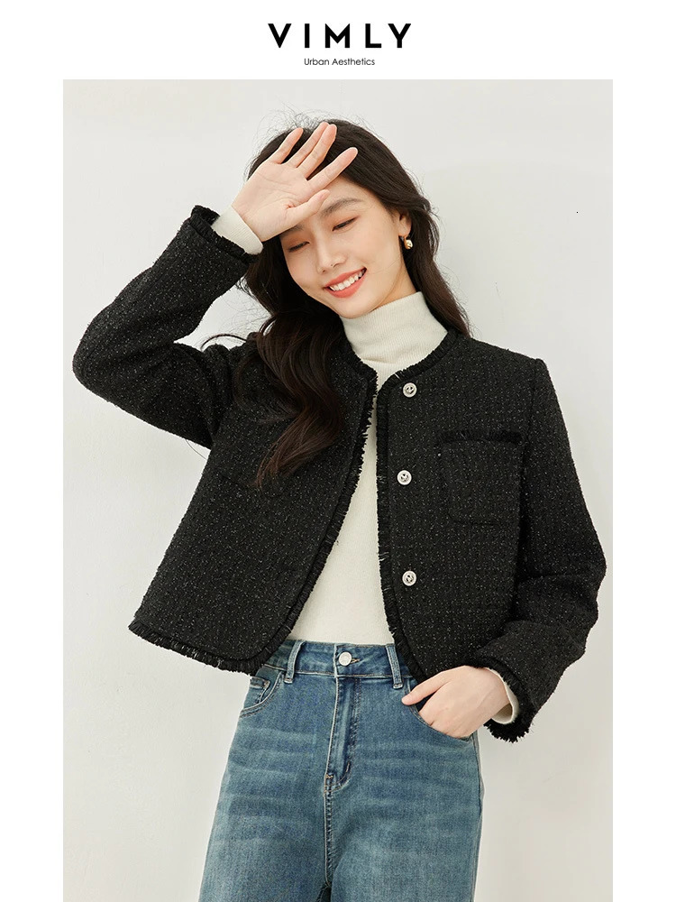 Vimly Black O-neck Tassel Cropped Tweed Jacket Winter Quilted Jacket Womens Single Chest Long Sleeve Womens Coat M3569 241023